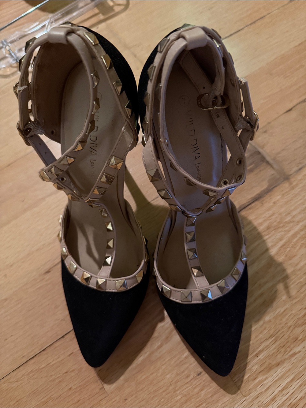 Stud-Embellished Black Pointed Toe Ankle Strap Heels